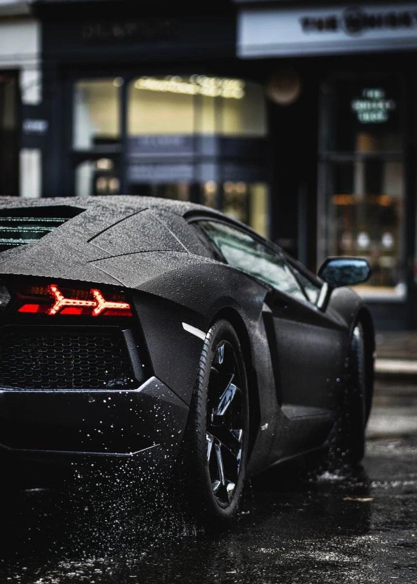 rainy black lamborghini huracan supercar wall art poster aesthetic wall decor